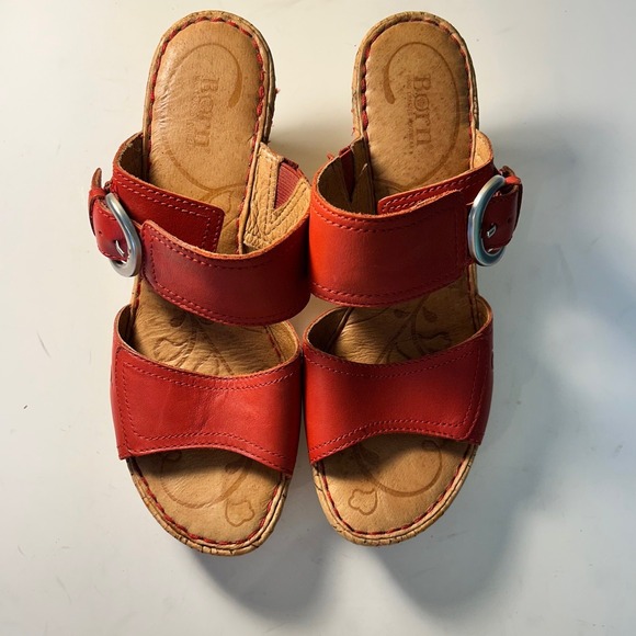 Born Red Leather Wedge Sandals Women's Size 9 M/W Buckle Detail Comfort Cork - Picture 1 of 8